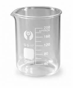 Transparent 200 ml målebeger i borosilikatglass med helletut og hvite volummarkeringer på hvit bakgrunn