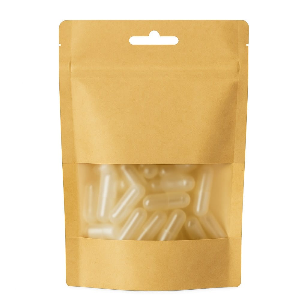 Bilde av tomme kapsler størrelse 0/00/000 – gjennomsiktige gelatinkapsler til fylling med pulver, urter eller kosttilskudd