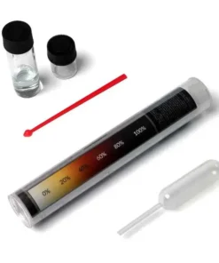 PRO Test kokain styrketest med to ampuller, rød mikroskje, pipette og rør med fargeskala fra 0 til 100 %